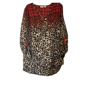 Cato•Red & Brown Plaid Leopard-Print Tunic